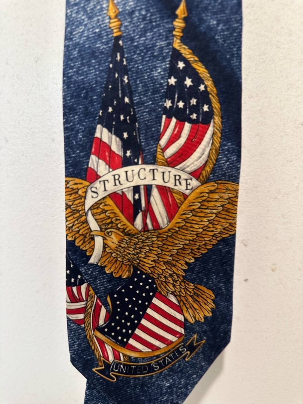 Vintage Structure Navy Tie with Gold Eagle and Red-White Flags